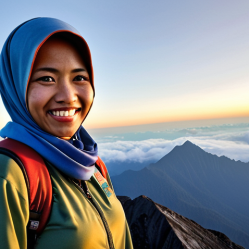 Home 15 **
* **Prompt:** A Malaysian woman smiling confidently on the summit of Mount Kinabalu at sunrise. She's wearing hiking gear and a headscarf, holding the Malaysian flag. Misty mountains surround her. The scene emphasizes her inner strength and achievement.
**