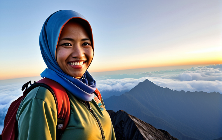 **
* **Prompt:** A Malaysian woman smiling confidently on the summit of Mount Kinabalu at sunrise. She's wearing hiking gear and a headscarf, holding the Malaysian flag. Misty mountains surround her. The scene emphasizes her inner strength and achievement.
**