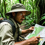 **

A person navigating a dense jungle using a traditional map and compass. The scene shows a mix of old-school navigation alongside a GPS device with a low battery icon, emphasizing the importance of backup skills. Focus on the lush green environment and the explorer's determined expression.

**