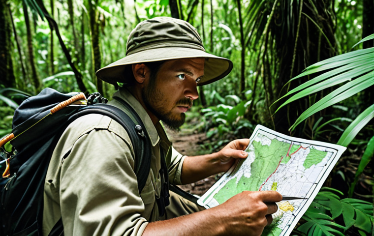 **

A person navigating a dense jungle using a traditional map and compass. The scene shows a mix of old-school navigation alongside a GPS device with a low battery icon, emphasizing the importance of backup skills. Focus on the lush green environment and the explorer's determined expression.

**
