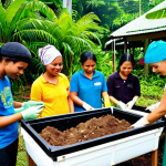 A vibrant community garden in Malaysia, showcasing a composting workshop in progress. Participants are actively sorting food waste, with clear signage in Malay explaining composting techniques. Lush greenery and healthy plants demonstrate the benefits of using compost, embodying environmental awareness and community education. Use vibrant colors and a realistic style.