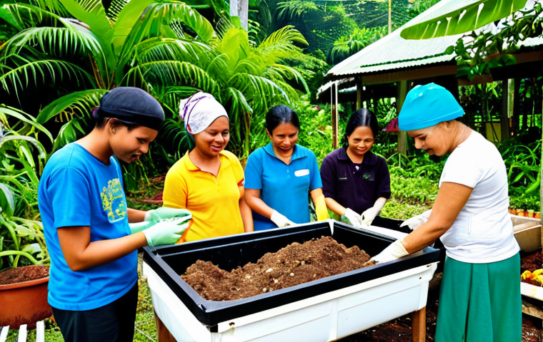 A vibrant community garden in Malaysia, showcasing a composting workshop in progress. Participants are actively sorting food waste, with clear signage in Malay explaining composting techniques. Lush greenery and healthy plants demonstrate the benefits of using compost, embodying environmental awareness and community education. Use vibrant colors and a realistic style.